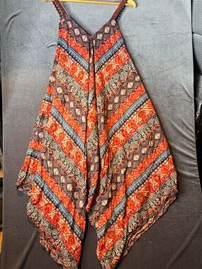 Angie Mixed Pattern Wide Leg Midi Jumpsuit Sz M Pockets Boho Funky